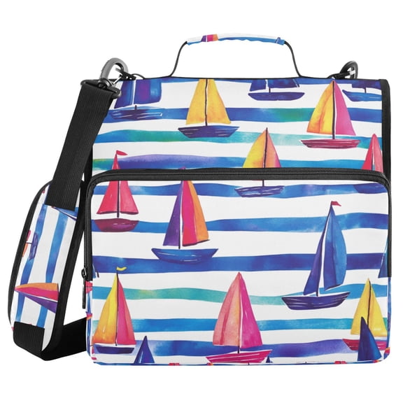 FORMRS Zipper Binder with Shoulder Strap 2-inch Ring 500 Sheet Capacity File Bag, Blue Hand Drawn Sailboats