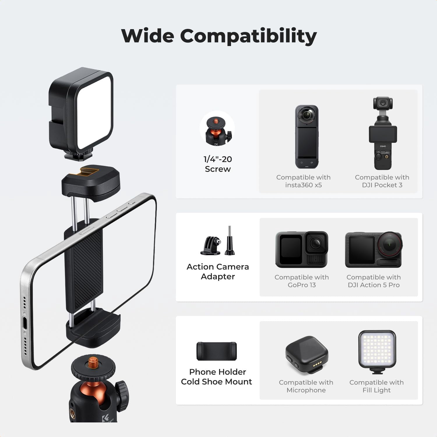 RGHJAR-25.6'' Mini Selfie Stick Tripod Stand, 5 Levels 360° Ball Head Pocket Tripod with Cold Shoe, Small Tripod Compatible with DJI Osmo Pocket 4/3 Action 5 Pro GoPro Hero13 Smartphone.