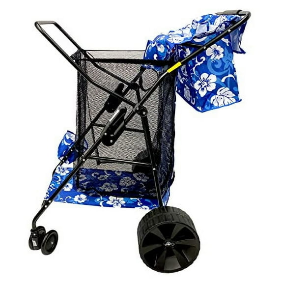 Beach Cart Deluxe Heavy Duty Folding Ocean Utility Large Sand Wheels Holds 4 Folding Chairs Umbrella Holder Removable Storage Bag – Premium Flower Pattern