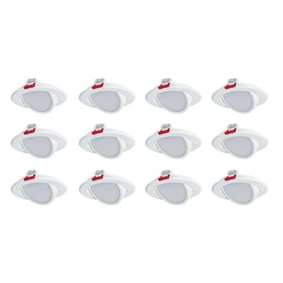Nadair, 4’’ LED Gimbal Recessed Ultra Slim Lights, 12-pack, IC rated, Dimmable, 9W=50W, 550 Lumens, 3 Built-in color temperature, 3000K,4000K,5000K, Large Junction box, Quick Connect System, White Fin