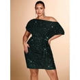 thumbnail image 7 of Dark Green Off-Shoulder Glitter Sequin Mini Dress With Waist Tie For Party Evening Wear, 7 of 7