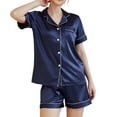thumbnail image 5 of Women's Short Sleeve Shorts Pajama Set Summer Soft Silky Comfy Button Up Spring Lightweight Pjs 2 Piece Silk Sleepwear Navy 8-10, 5 of 5