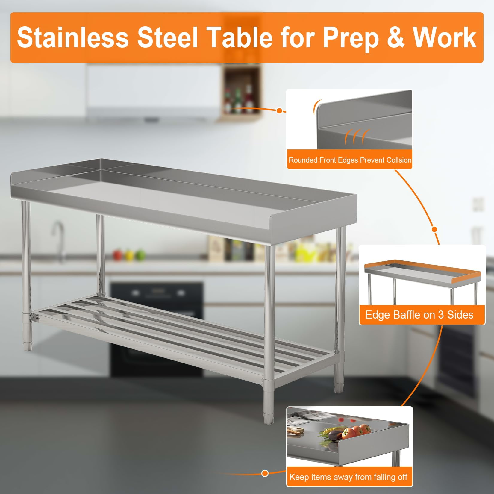 Garvee Stainless Steel Table 48"x24" with Backsplash for Prep & Work, Work Table with Adjustable Undershelf for Kitchen Restaurant
