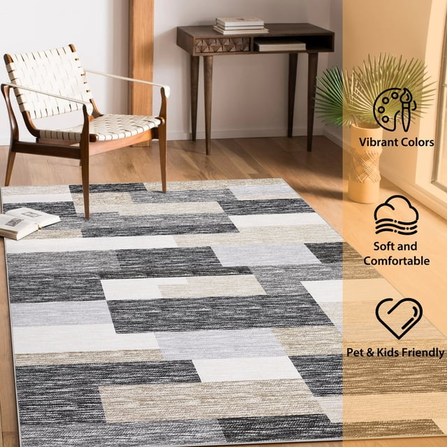 Modern Area Rug 4 x 6 Geometric Patchwork Throw Rug with Non-Slip Backing, Washable Low Pile Accent Carpet, Foldable Contemporary Floor Cover for Bedroom, Living Room, Gray Camel