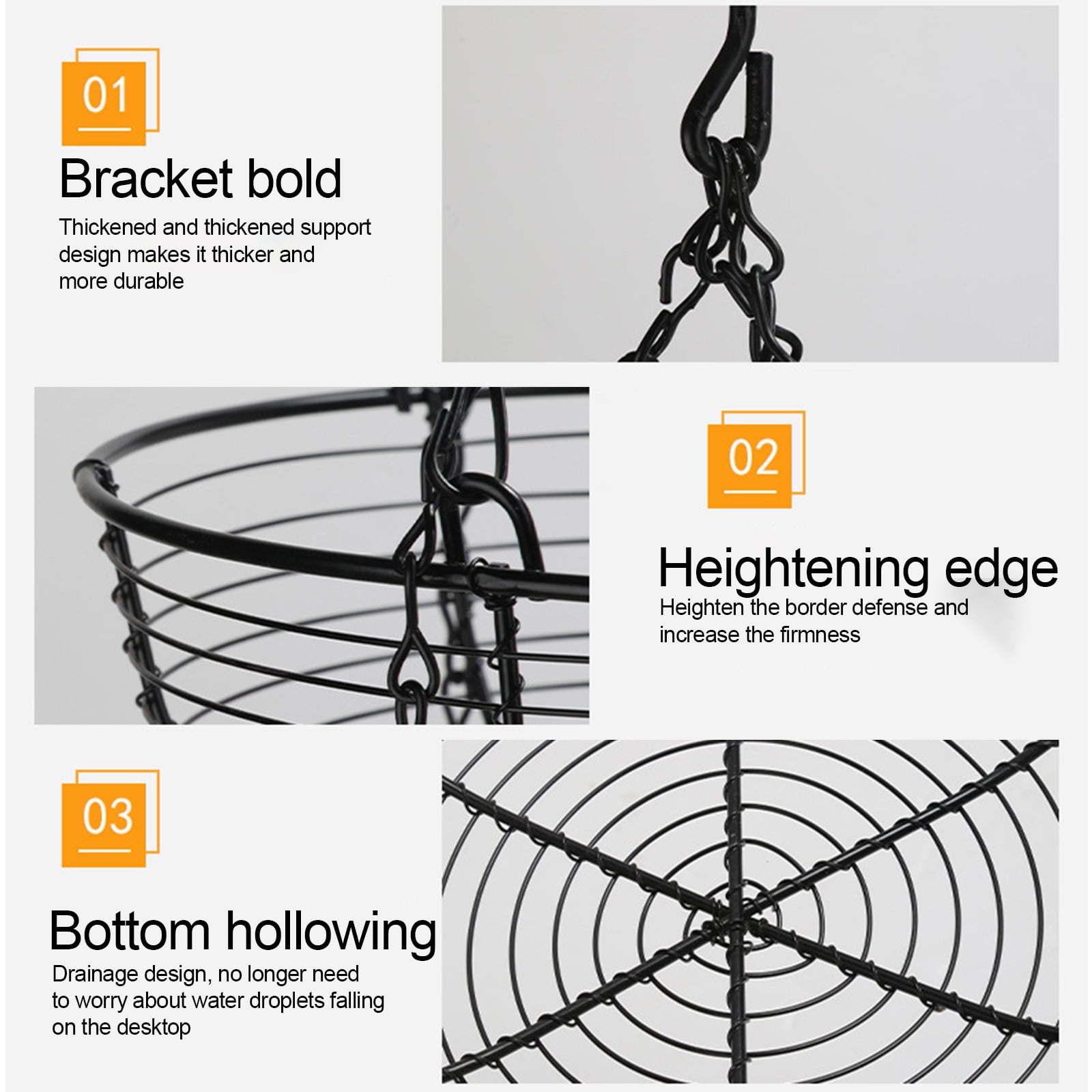 LYINGF 3 Tier Hanging Kitchen Black Fruit Basket,Farmhouse Wire Basket, Three Tier Fruit Basket for Kitchen for Vegetables, Bread & More, Metal Chain, Hanging Hook and Detachable Round Wire Baskets