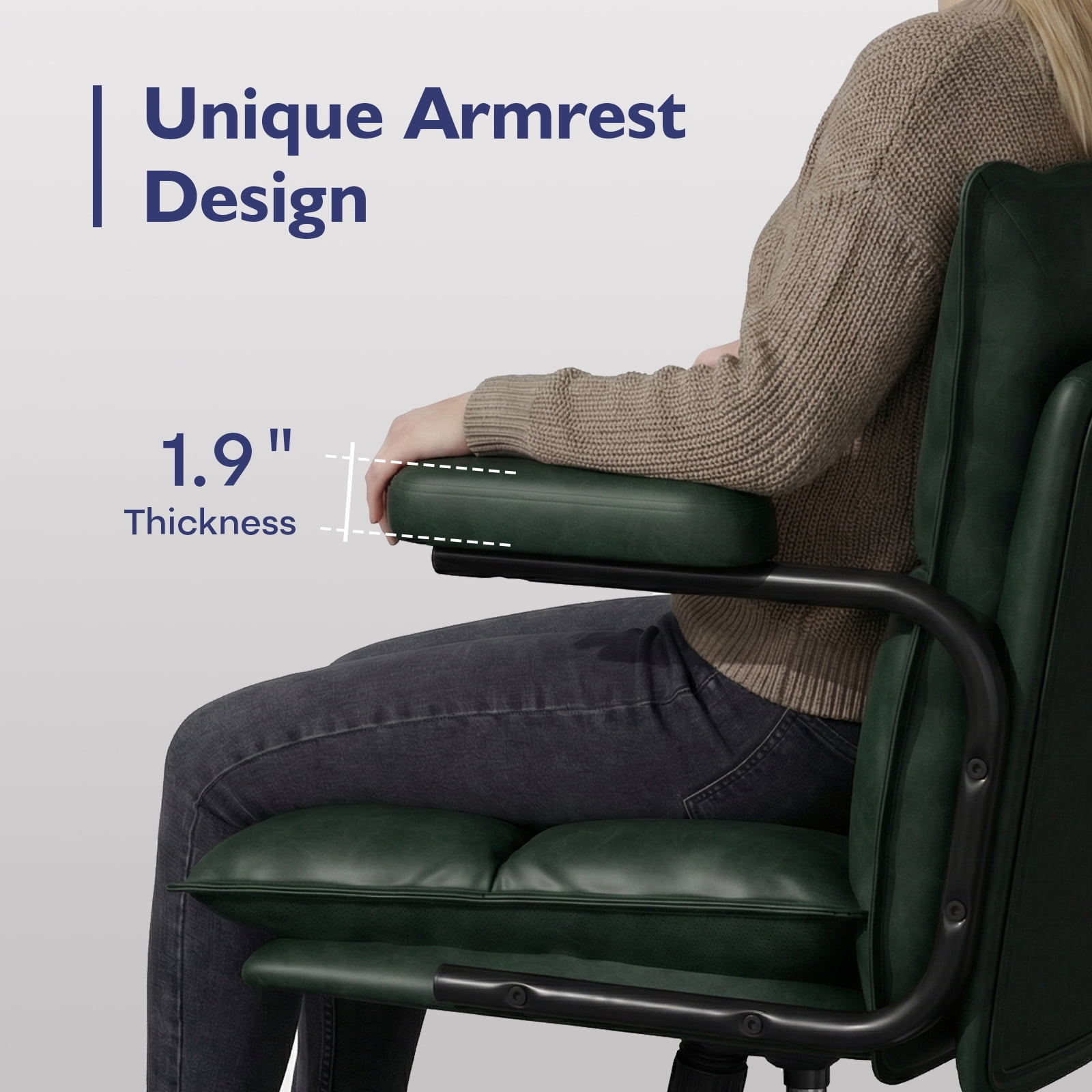 Genpo Green Office Chair, Mid Century Modern Desk Chairs with Arms, Thickend Back and Seat, Adjustable Height, Wheels, Vintage Leather Computer Chair for Home, Office
