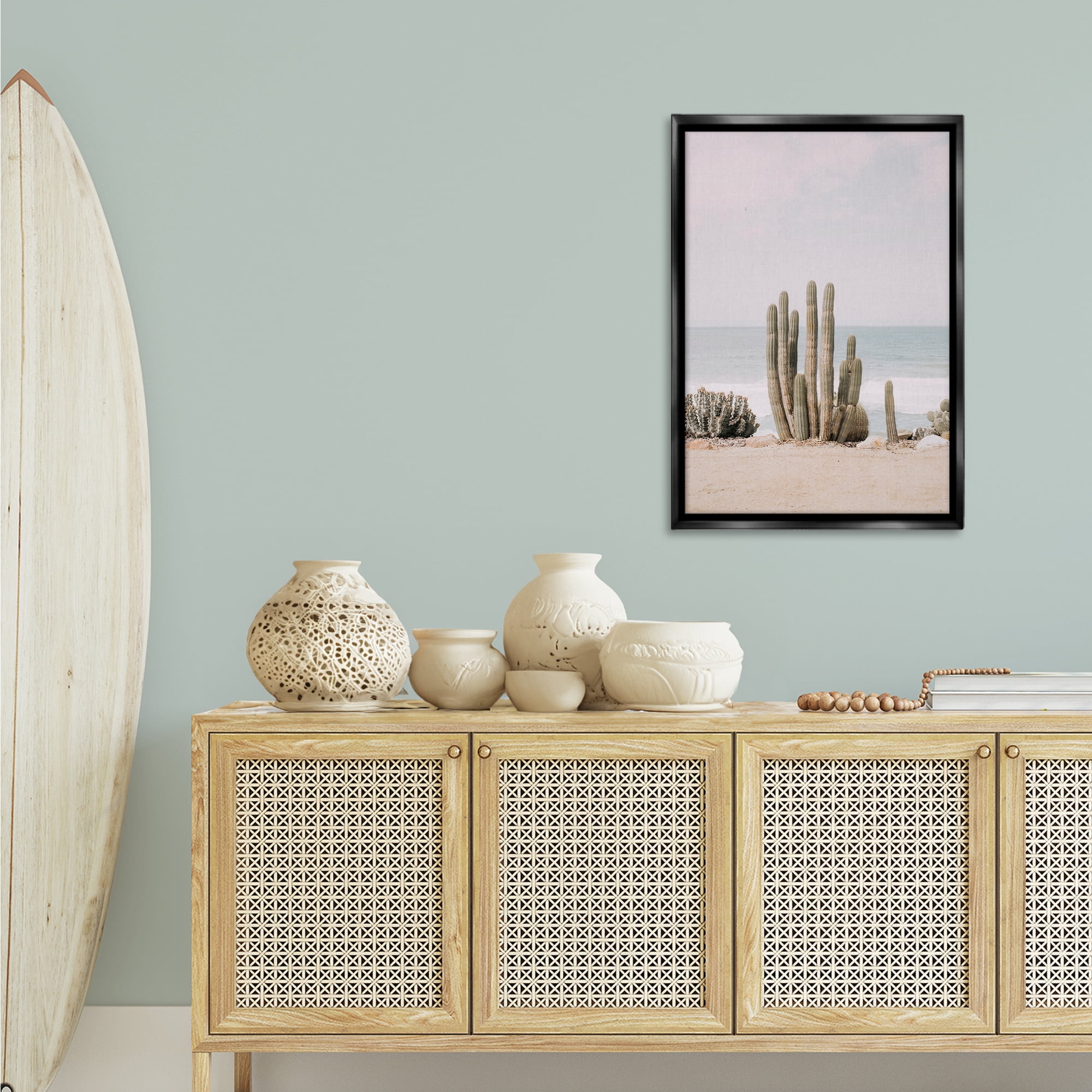 Stupell Industries Cactus on Beach Shore Landscape & Nature Photography Black Floater Framed Canvas Art Print Wall Art, 21 x 31