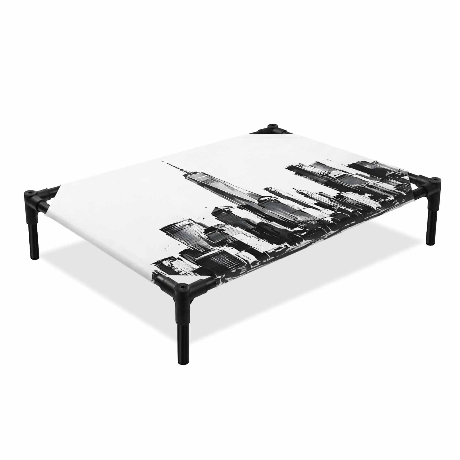 City Silhouette Elevated Dog Bed Modern Minimalist Black and White Skyscraper Cooling Breathable Outdoor Raised Dog Cot Bed with Metal Frame Non-Slip Feet for Large Dog 28x22in