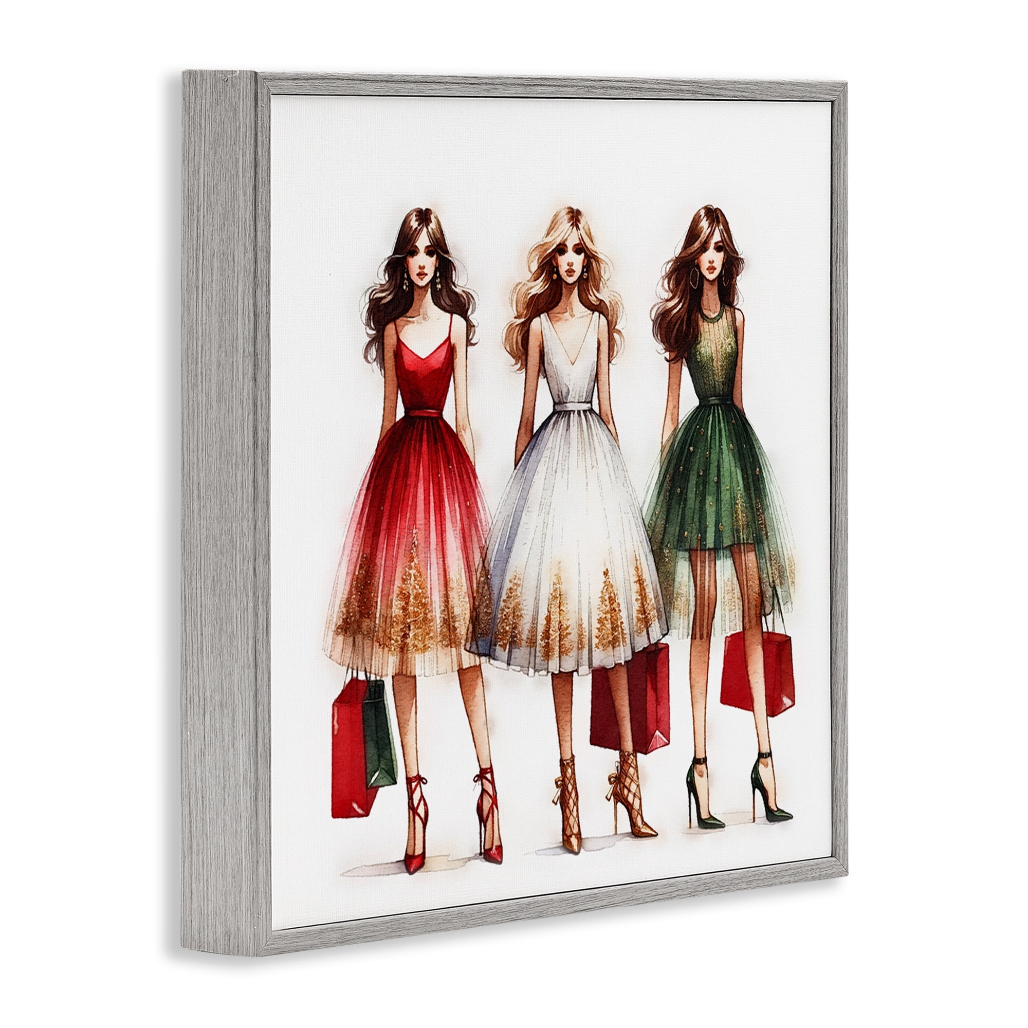 Stupell Industries Trendy Christmas Girls Holiday Painting Gray Framed Art Prints Wall Art, 24 x 24