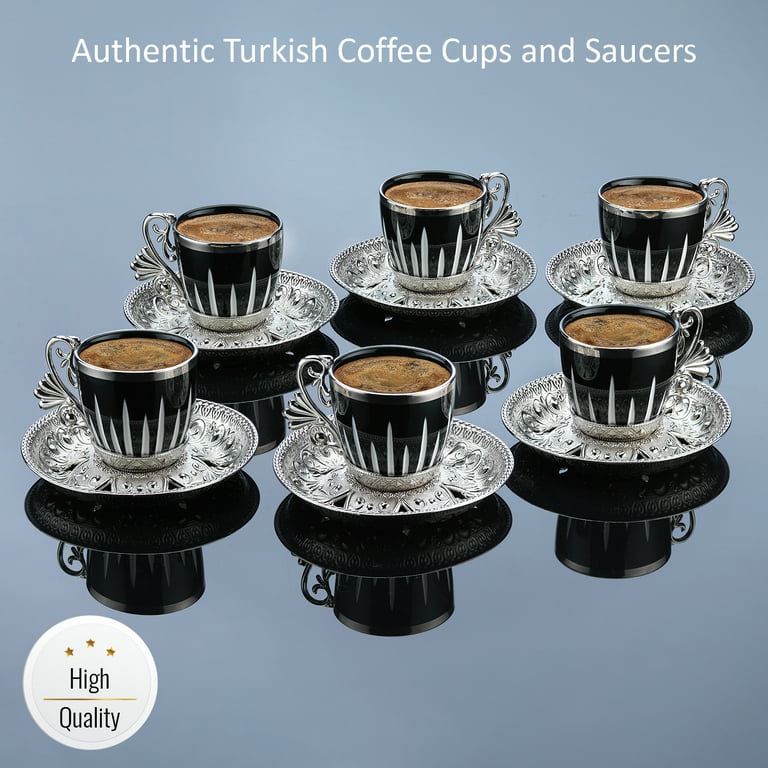 6x Porcelain Espresso Cups and Saucers Set, Turkish Coffee Cup Set,  Macchiato Cup, Porcelain Espresso Cup Set, Black Color Coffee Set, 65cc 