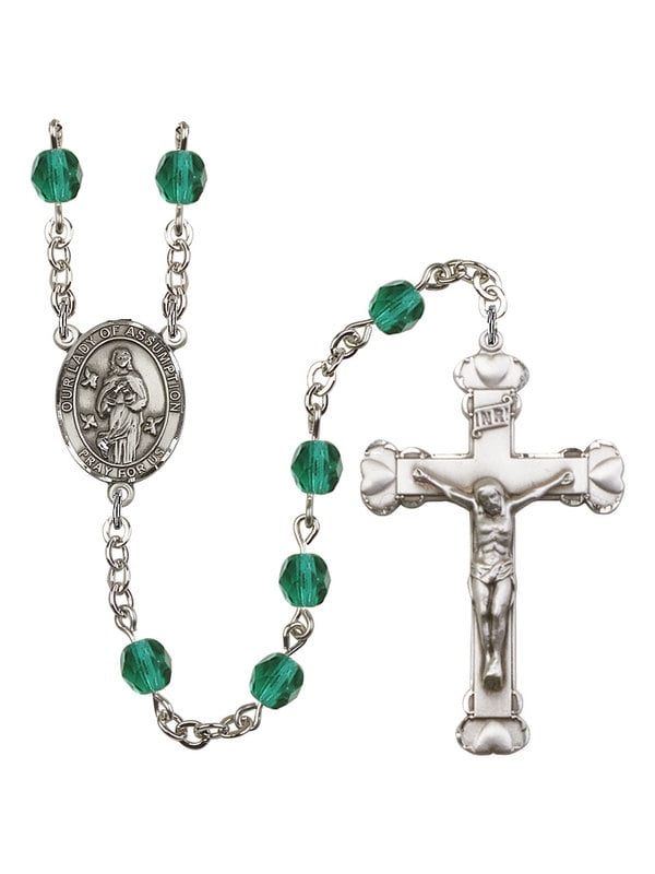18-Inch Rhodium Plated Necklace with 4mm Topaz Birthstone Beads and Sterling Silver Our Lady of Assumption Charm. 