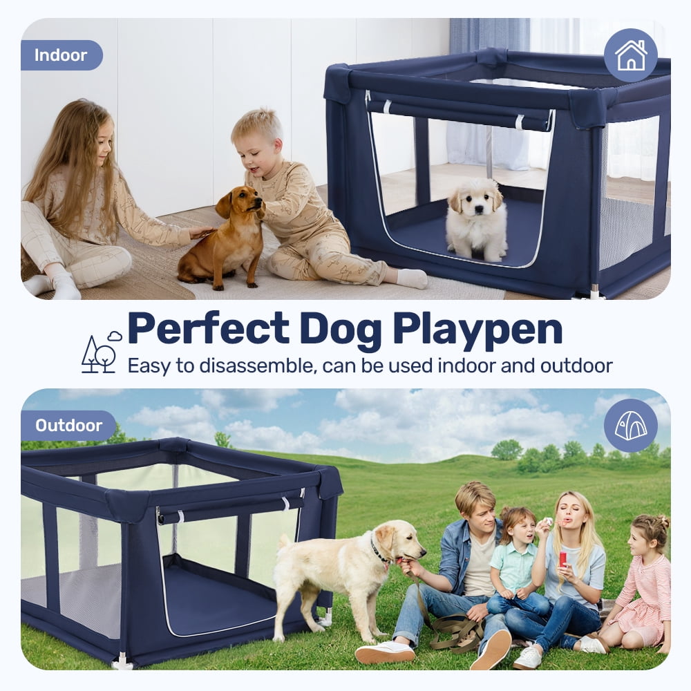 Puppy Playpen Indoor, DOMIPET 42.5x42.5x26.8 Inches Dog Play Pen with Gate, Portable Pet Exercise Pen, Anti-Tipping Enclosure with Zipper Door