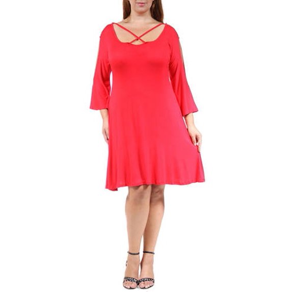 Women's Plus-Size Abstract Neck Split-Sleeve Dress