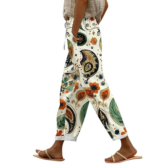 YUANGUANST Women's Wide Leg Pants Women's Spring And Summer Casual 3D Printed Back Pocket Cotton And Linen Pants Office Slacks