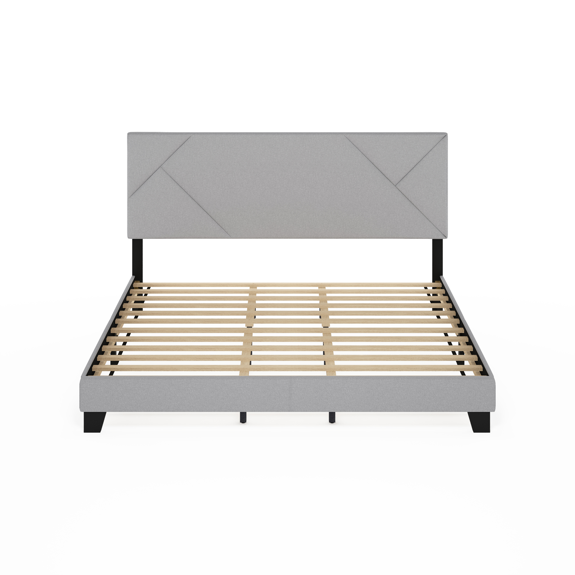 Furinno SKYLAR King Upholstered Bed Frame with Adjustable Geometric Headboard and 12-Piece Wooden Slat Support, No Box Spring Required, Light Grey