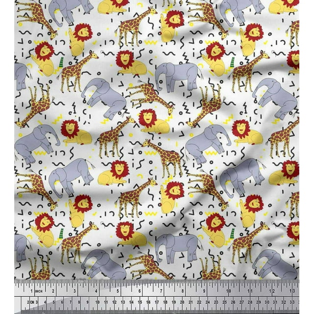 Soimoi White Polyester Crepe Fabric Lion,Giraffe & Elephant Kids Print Sewing Fabric BTY 52 Inch Wide