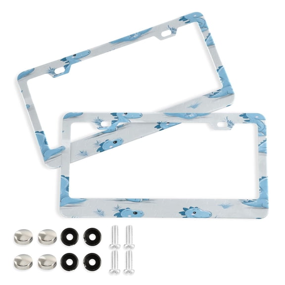 Aluminum License Plate Frame 2 Pack Car Exterior Accessory Car Tag Holder for Front Rear Plates Cars Decor Cartoon Blue Dinosaurs