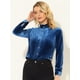 thumbnail image 3 of Blusa de terciopelo para mujer con volantes y cuello alto, manga larga, con botones Azul eléctrico XL, 3 of 5