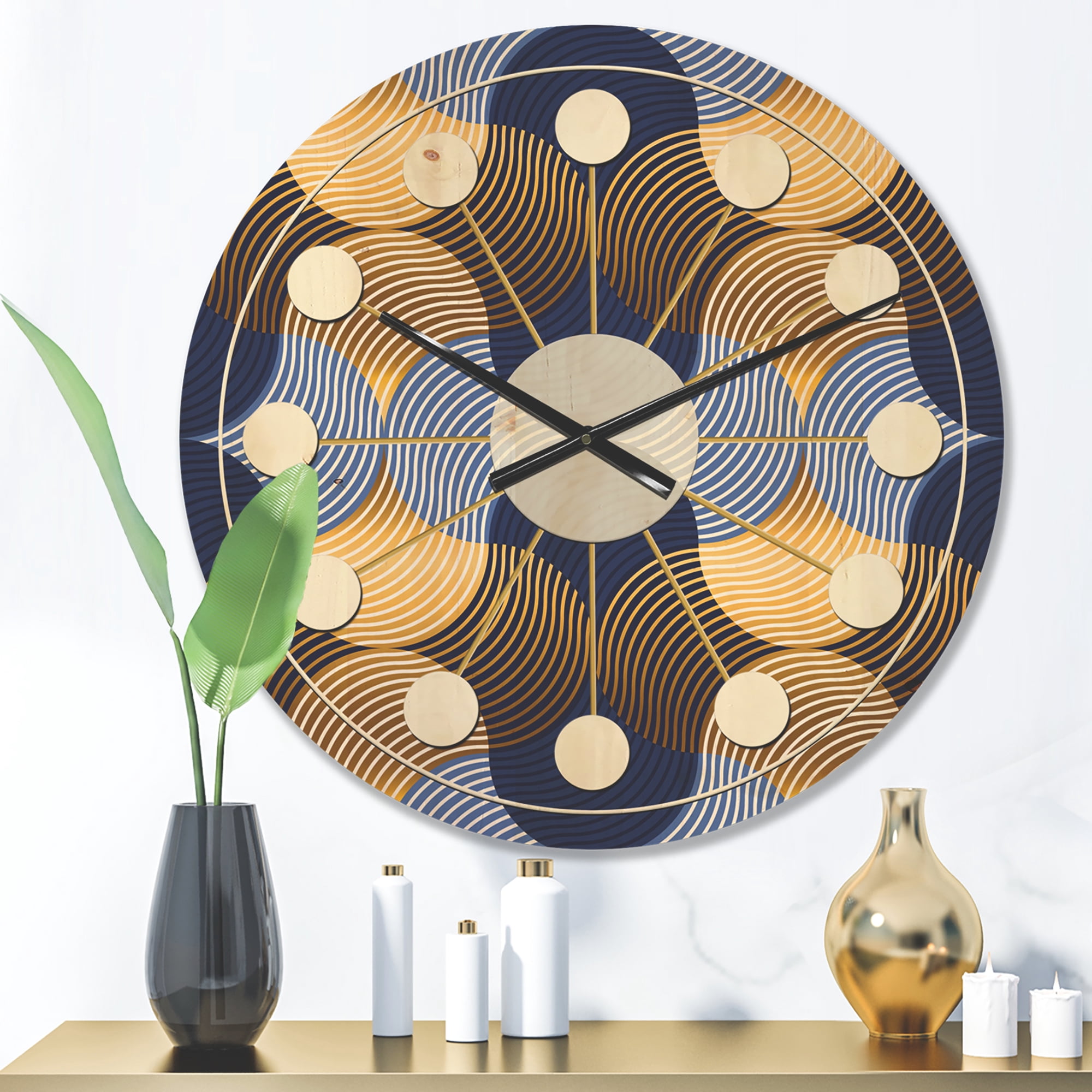 Designart 'Retro Luxury Waves In Blue and Gold II' Mid-Century Modern Wood Wall Clock