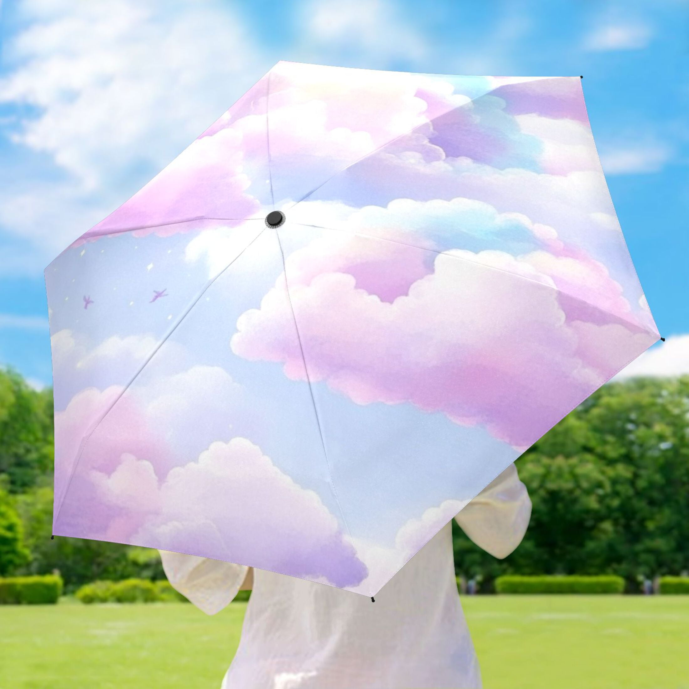 Pastel Colored Clouds Umbrellas for Sun Auto Open Close UV50+ Waterproof 5-Fold Compact Fiberglass Frame