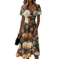 thumbnail image 2 of Halloween Dresses for Women 2026 V Neck Short Sleeve A Line Midi Dress with Halloween Print Fall Party Everyday Outfit, 2 of 5