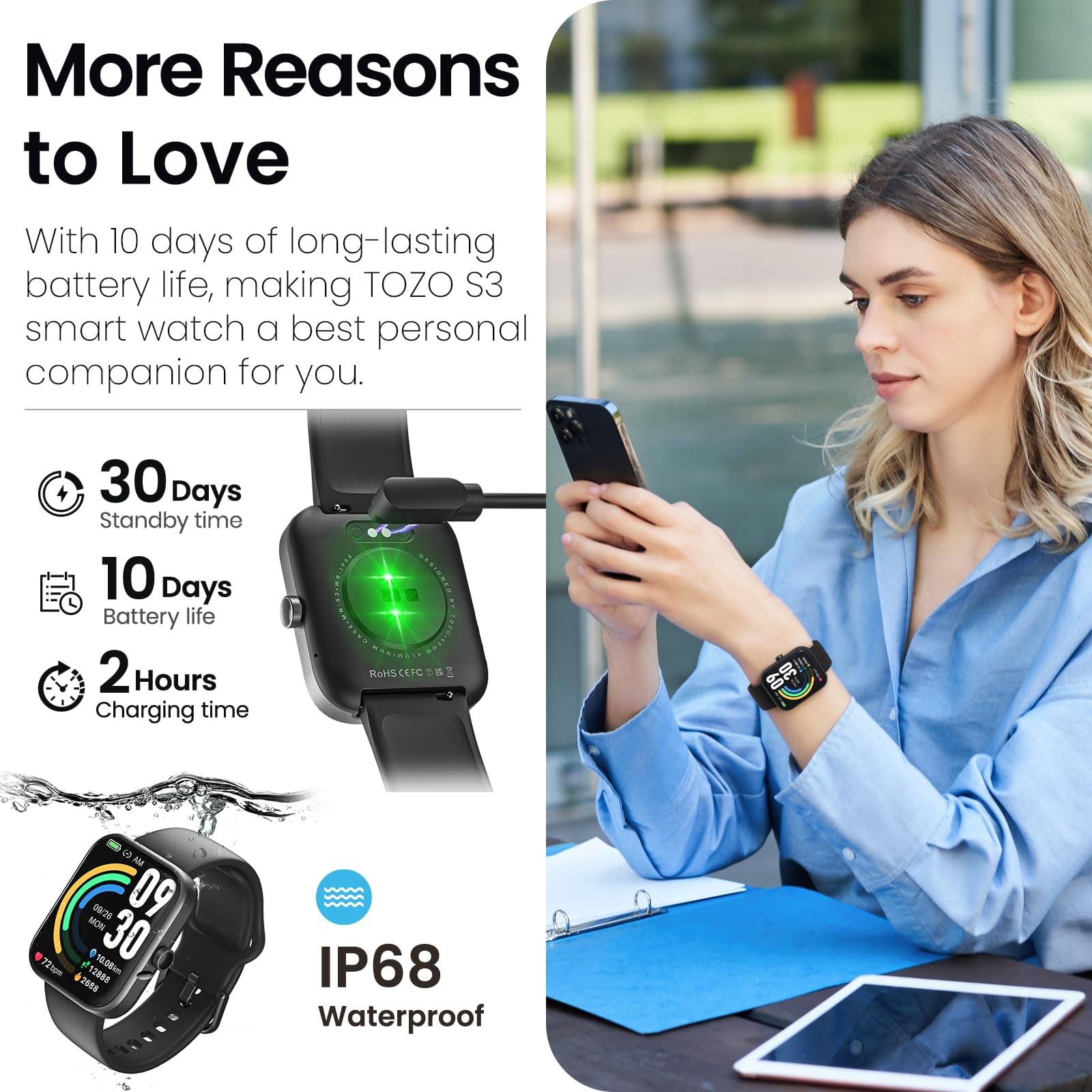 TOZO S3 Smart Watch Fits for Men Women,IP68 Waterproof Smartwatch for iPhone and Android,Bluetooth Call(Answer/Make Calls)100+ Sports Modes,1.83" HD Color Fitness Tracker Sleep Monitor for Gift Black