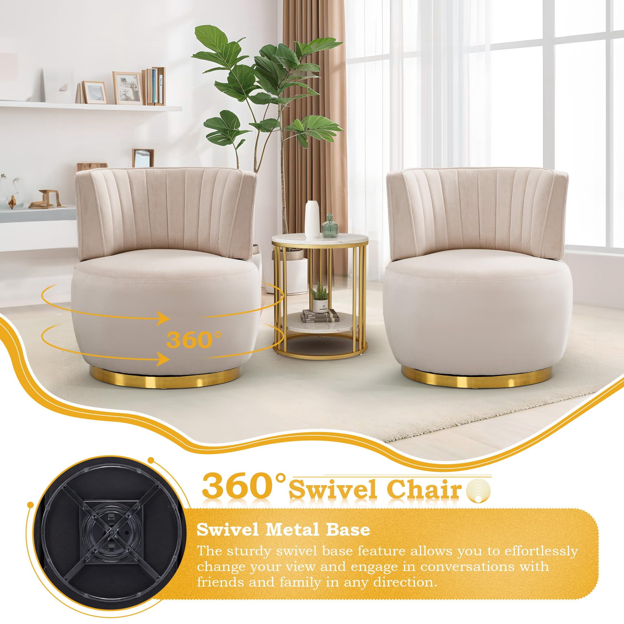 Aukfa 360-Degree Swivel Barrel Chair, Modern Velvet Round Accent Chair for Nursery and Living Room, Beige