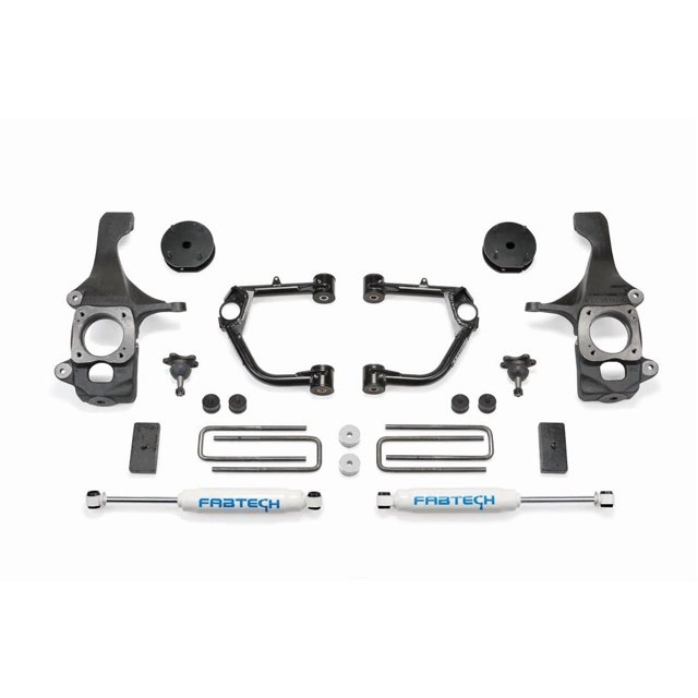 Fabtech Motorsports Lift Kit Suspension K7050 Basic; 4 Inch Front Lift; 1 Inch Rear Lift; With Rear Performance Shock Absorbers In Kit; Black Components/White Shock Absorbers