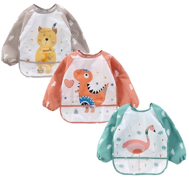 3Pack Baby Long Sleeve Waterproof Bib Full Coverage Apron Smock
