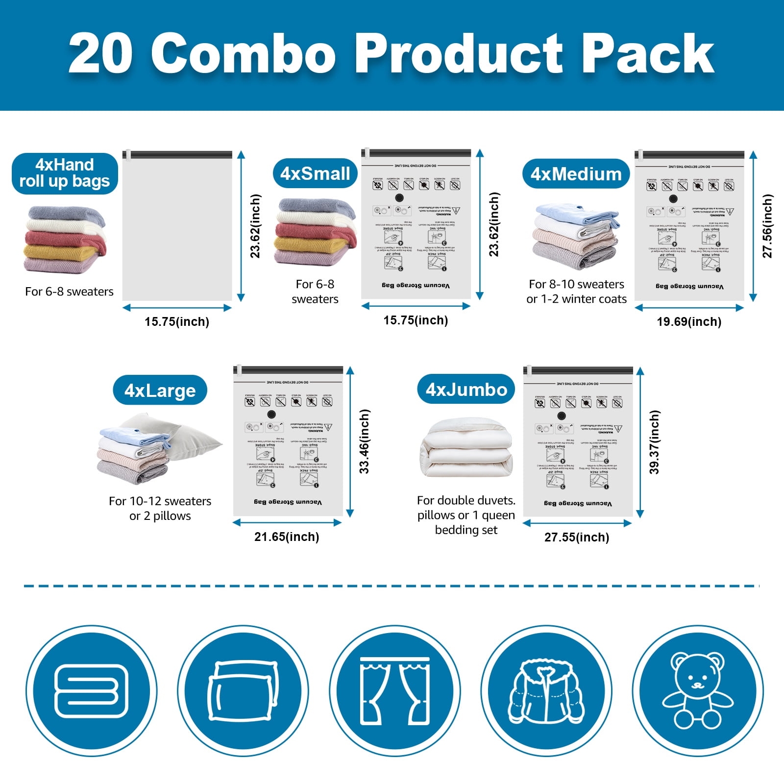 20 Pack Vacuum Storage Bags Space Saver Bags (4 Jumbo/4 Large/4 Medium/4 Small/4 Roll) Compression for Comforters and Blankets Sealer Clothes Storage