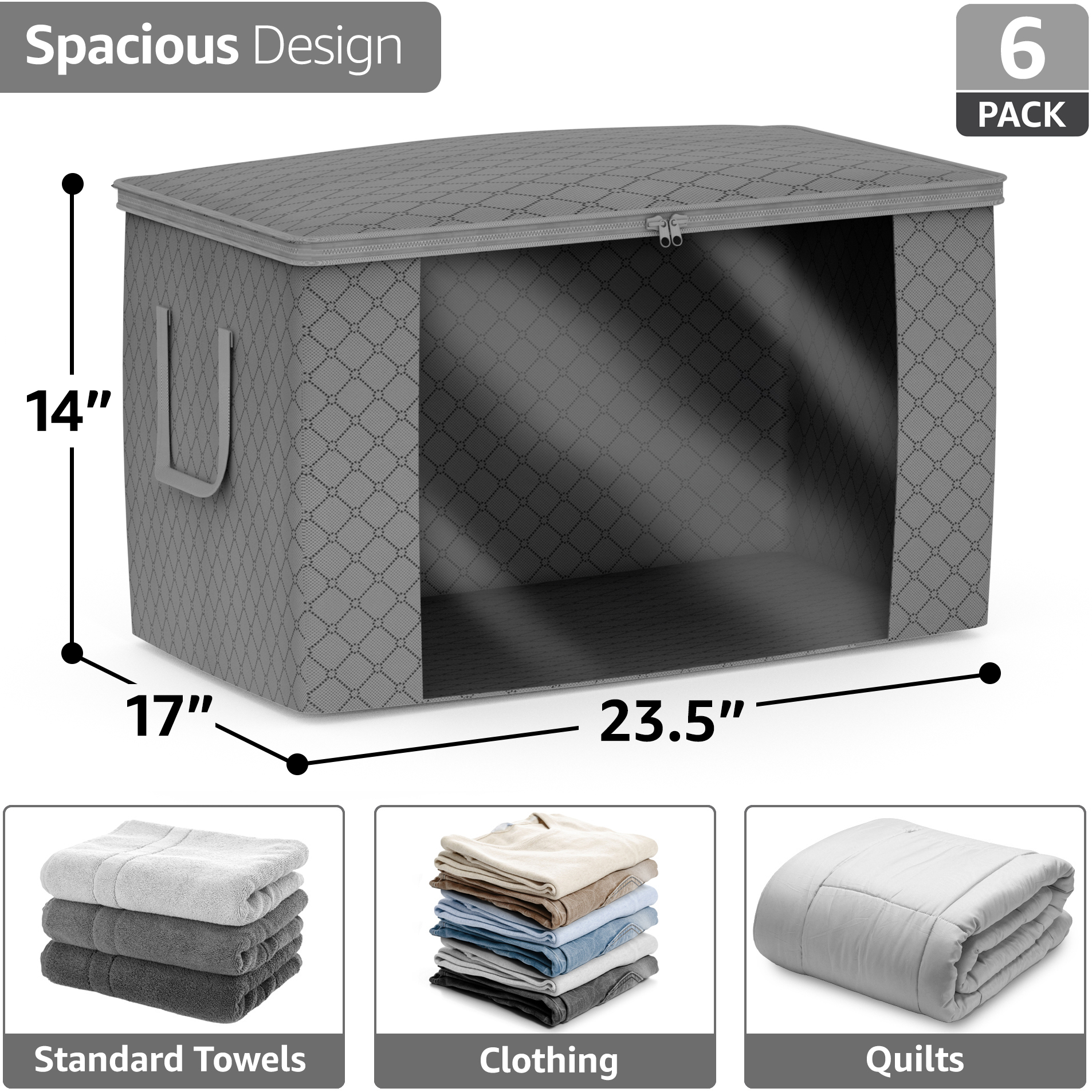 Sorbus Foldable Storage Bag Organizers with Clear Window & Handles, Gray, 6 Pack