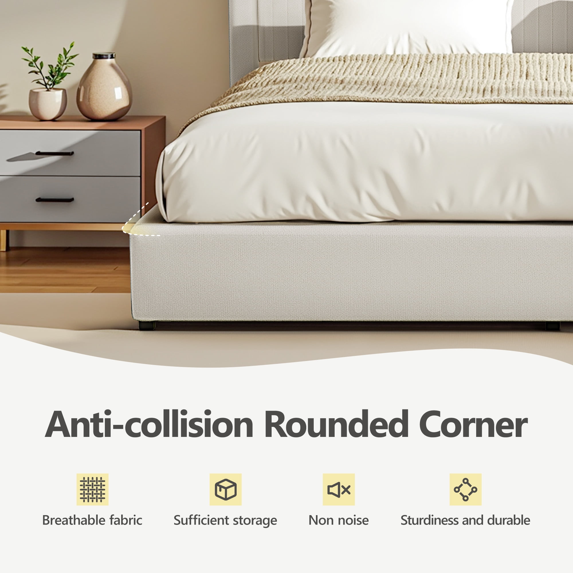 COOLHUT Upholstered Queen Size Platform Bed Frame with 4 Storage Drawers and Headboard, Wing Edge Design/Noise-Free/Wooden Slats Support/No Box Spring Needed/Easy Assembly, White