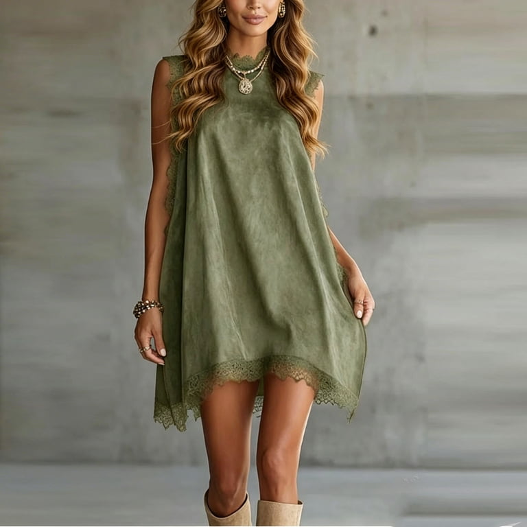 high neck lace shift dress Lopecy-Sta Shift Dress for Women Sleeveless Lace Trim High Neck Mini Dress  for Boho Casual Wear