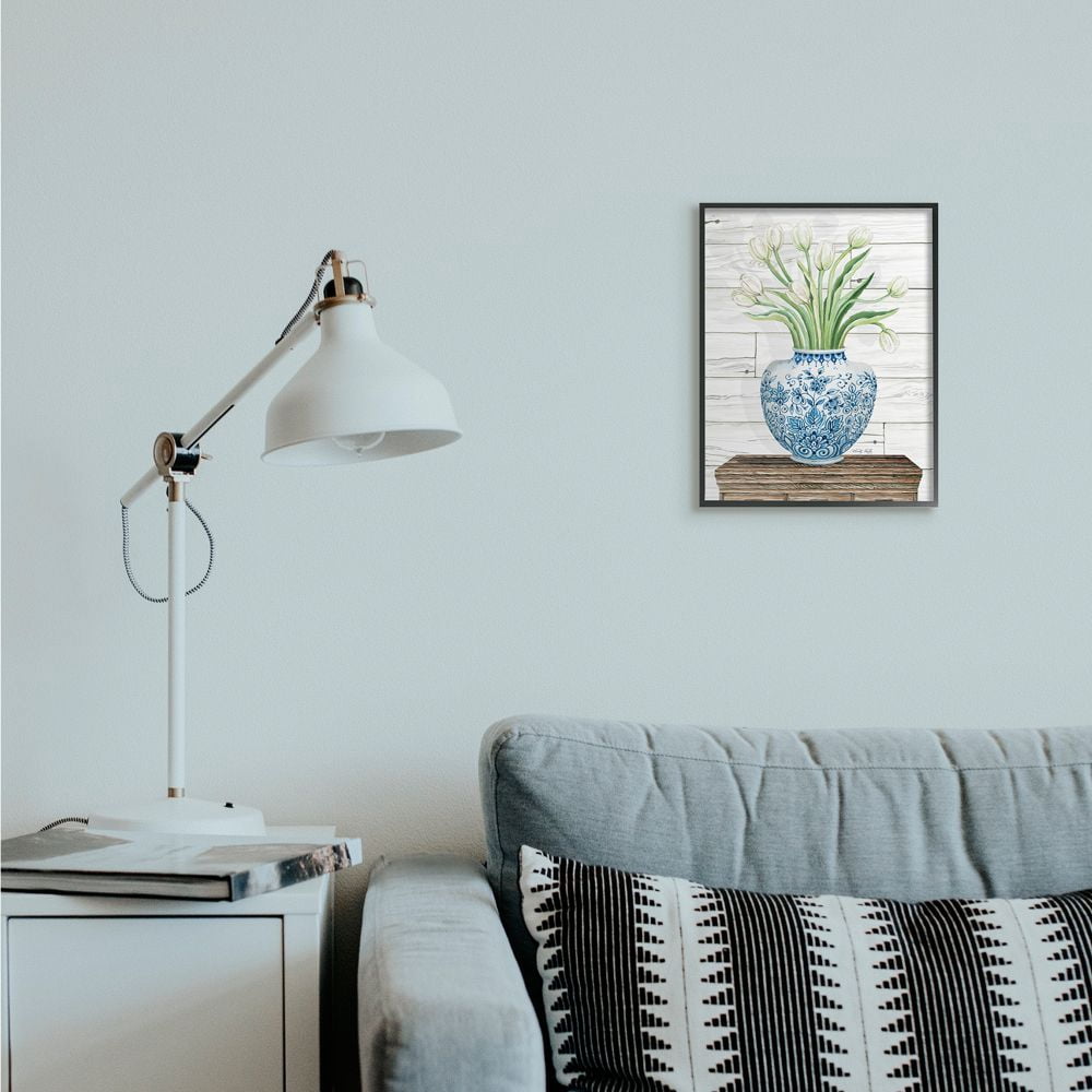 Stupell Industries Fresh White Tulips on Blue Floral Vase Design Framed Wall Art Design by Cindy Jacobs, 11" x 14", Black Framed