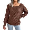 thumbnail image 3 of Defitshape Women's Cable Knit Sweater Long Sleeve Fall Top Boat Neck Soft Button Bishop Sleeve Spring Elegant Winter Thick Loose Fit Knitwear Knitted Pullover Sweater Coffee Large, 3 of 5