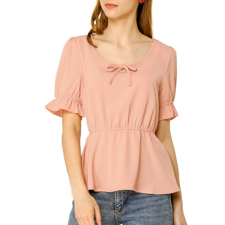 Allegra K Women's Peplum Top Elastic Waist Scoop Neck Short Puff Sleeve  Blouse 