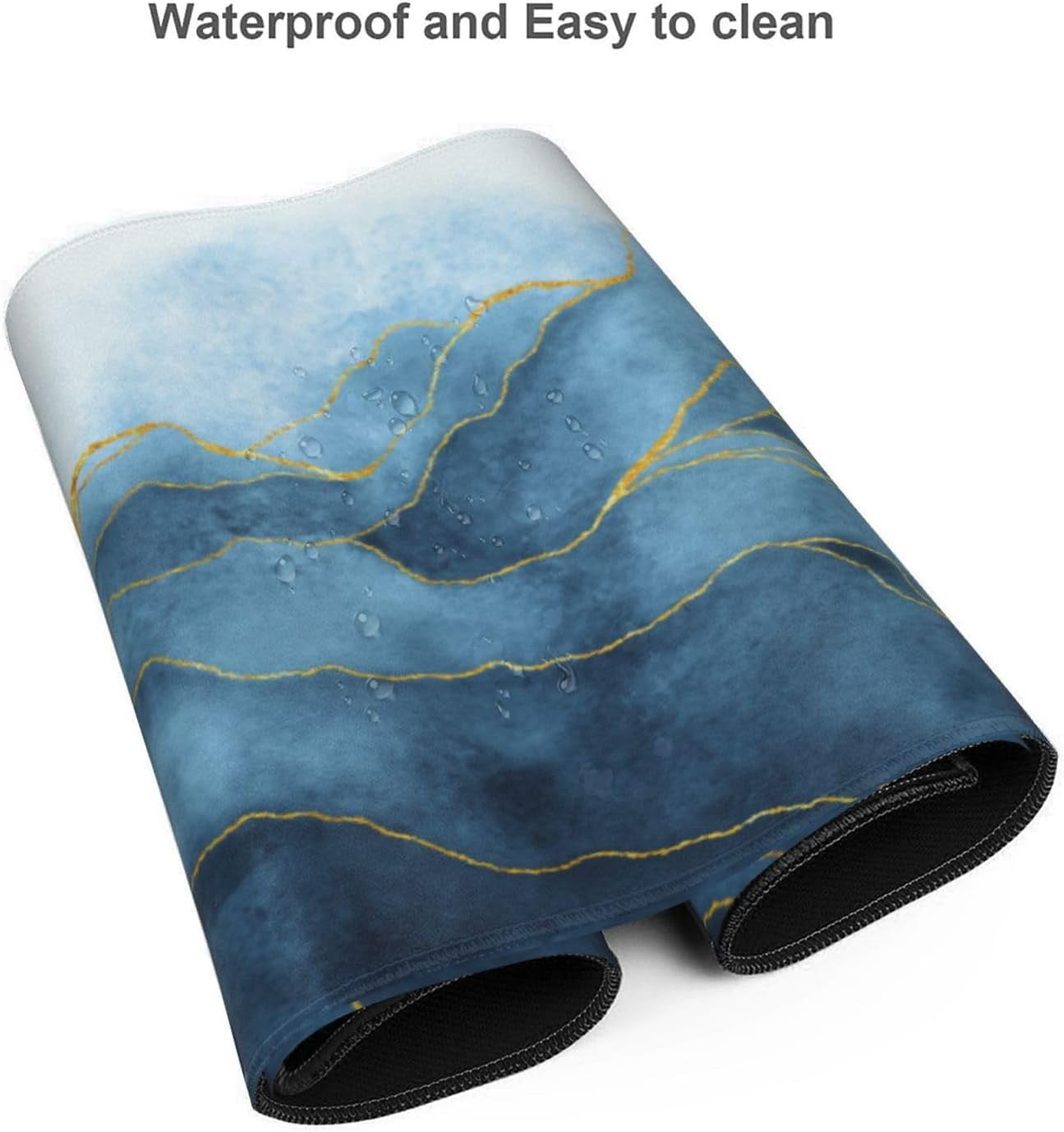Blue Golden Watercolor Marble Gaming Mouse Pad XXL 35.4×15.7 Inch Gold Line Navy Gray Abstract Extended Mousepad 40X90cm with Non-Slip Rubber Base Stitched Edge Large Desk Pad for Gamer Office