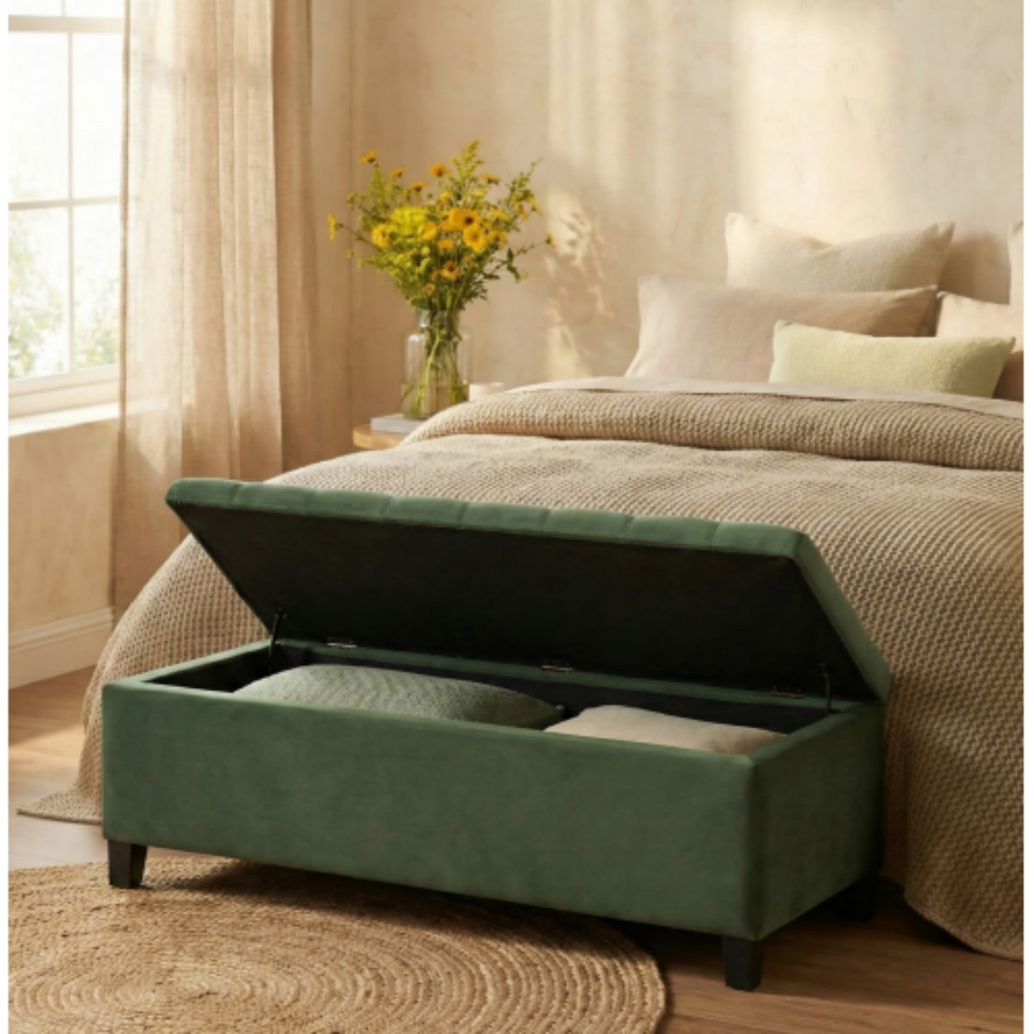 Upholstered Storage Ottoman Bench, Retro Green Entryway Bench, End of Bed Bench, Foot Rest with Rubber Wood Legs, 300lbs Capacity