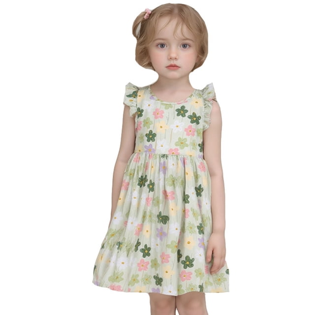 Robe d'Été pour Fillette, Robe Évasée à Étages en Ligne A, Robe pour Fille à Manches à Volants, Robe Fleurie pour Filles, Robe Tutu