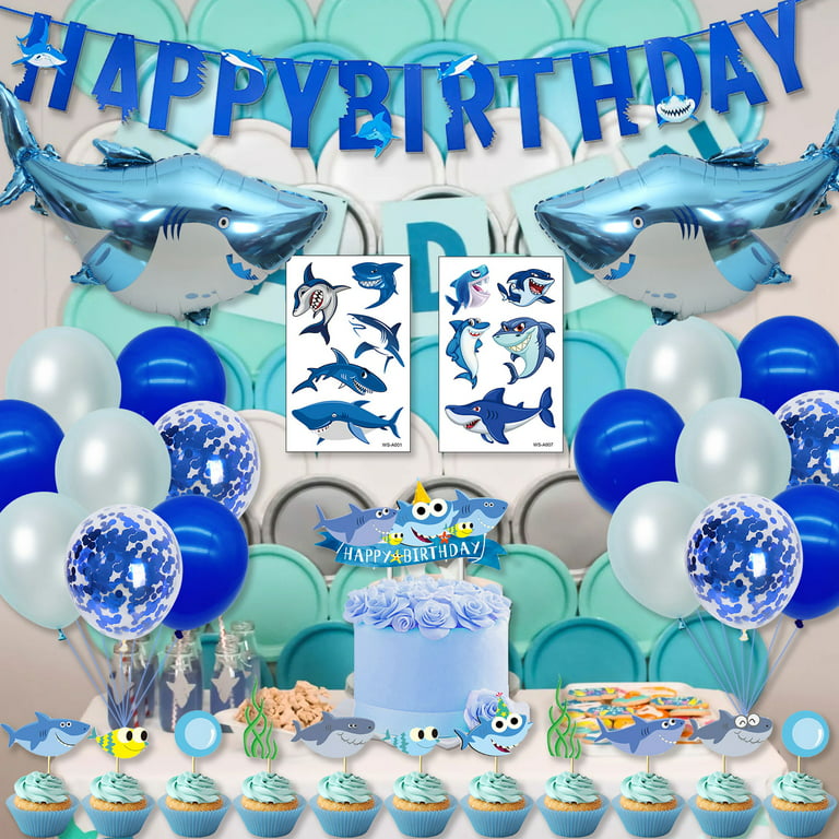 Blue Shark Theme Birthday Decorations, Blue Cartoon Shark Balloons