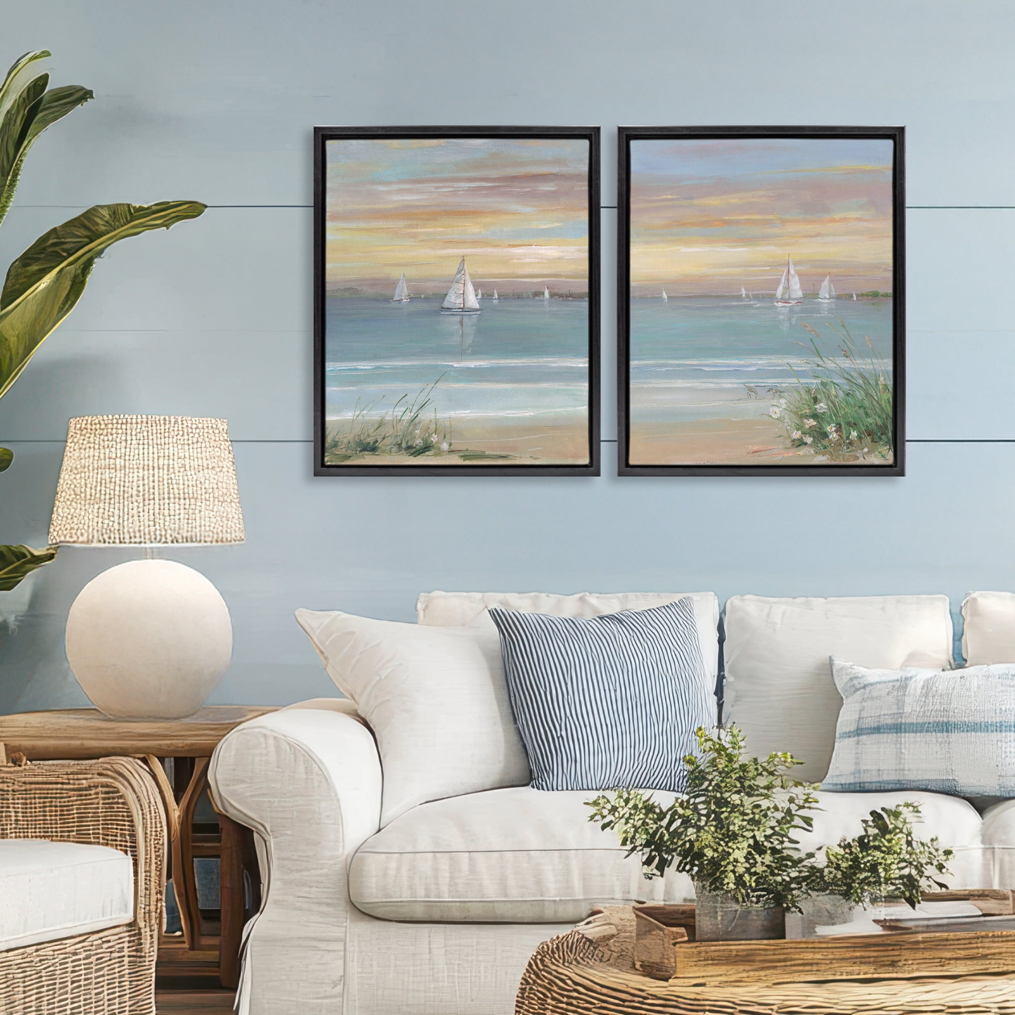 Stupell Industries Summer Shore Panorama 2 Piece Black Framed Floater Canvas Set, design by Sally Swatland