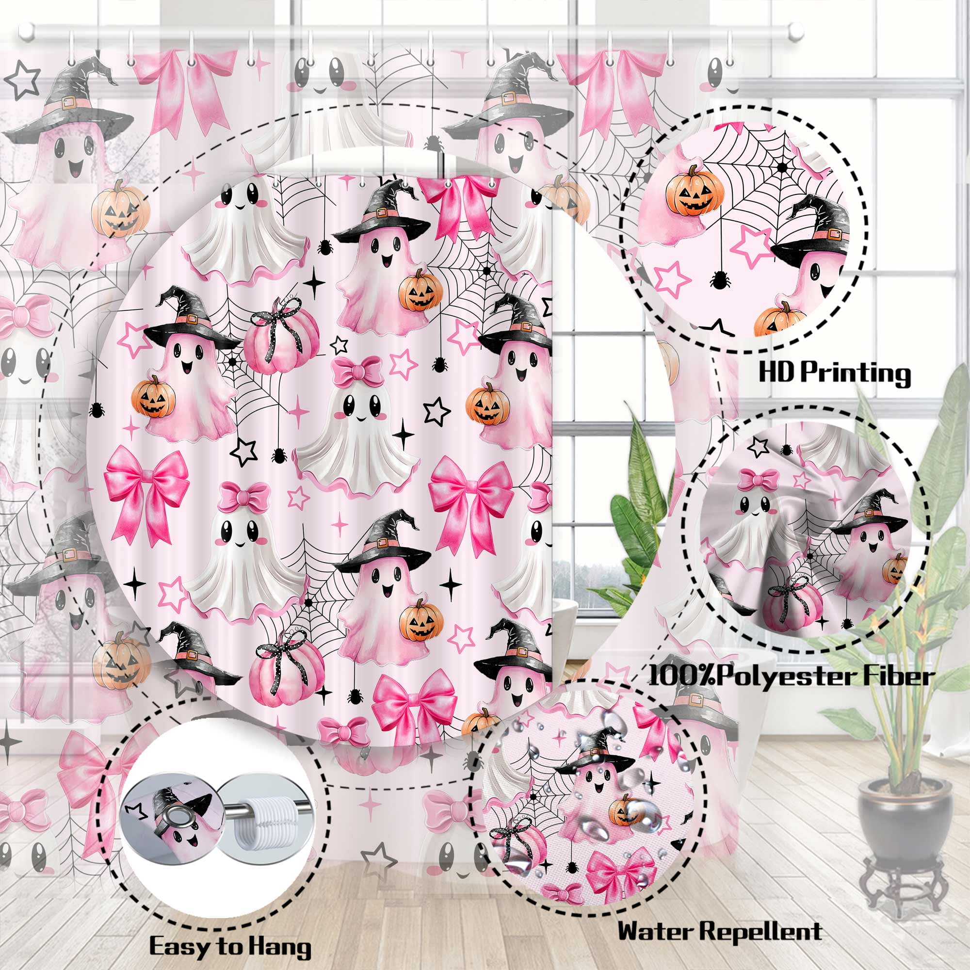Pink Halloween Shower Curtain, Cute Ghost Pumpkin Spooky Shower Curtain for Bathroom, Funny Halloween Holiday Cartoon Spooky Bathroom Decor Fabric with Hook, 60X70in