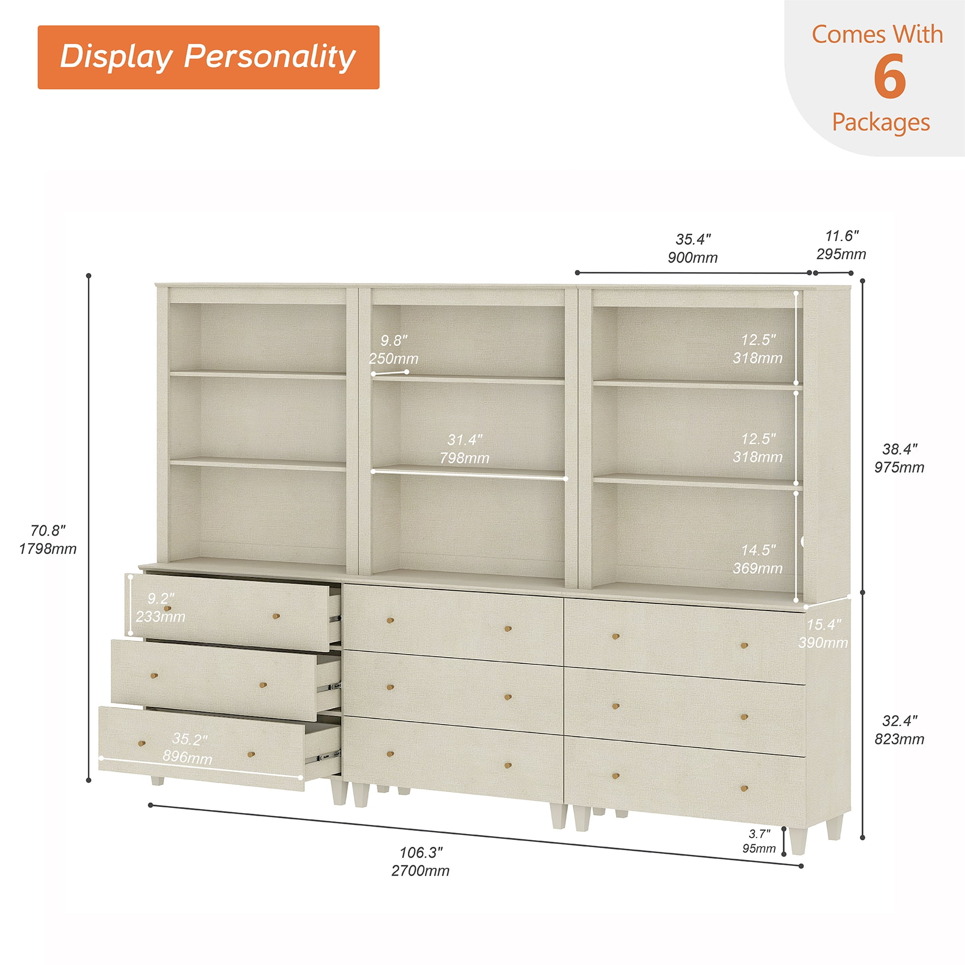 WAMPAT Modern 71" Tall Bookcase with 9 Drawers, 3 Columns 3-Tier,Beige