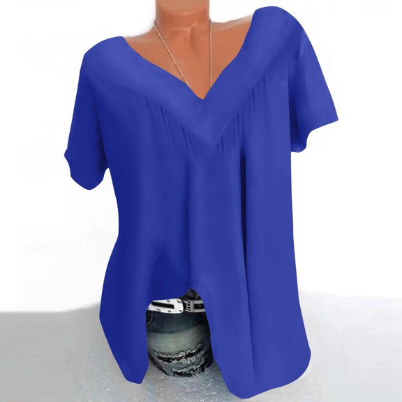 Blouses for Women Women Plus Size Short Sleeves-Neck Print Blouse Pullover Short Sleeve Blouses Womens Summer Tops Blue L