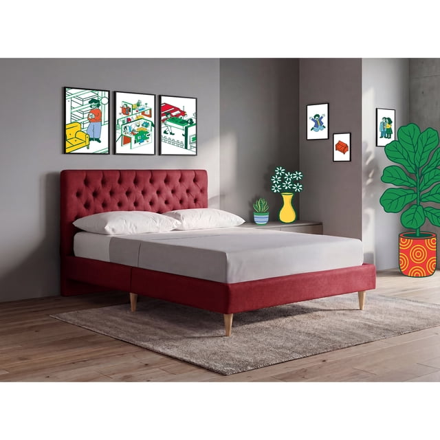 Cama Matrimonial Makora Velaria Rojo Tapizada en Tela Tipo Velvet (No Incluye Colchón)