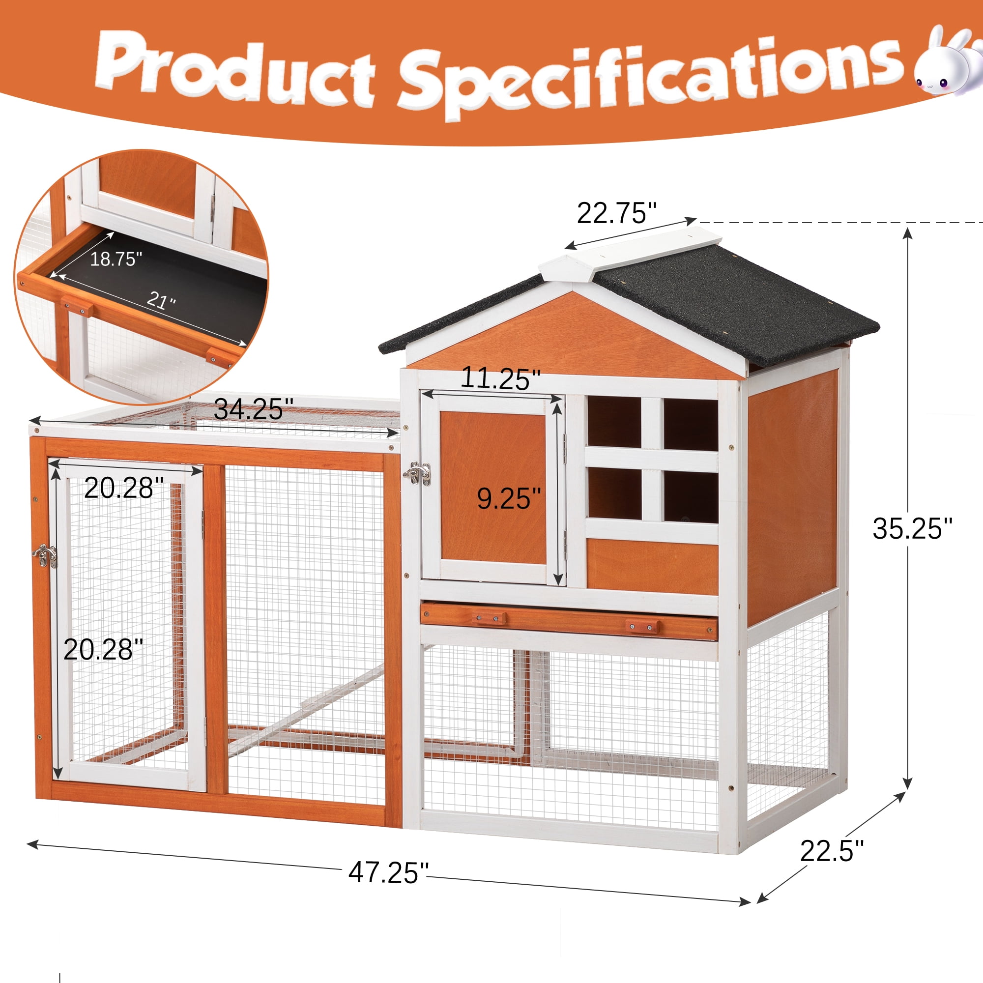 Pefilos 47" Deluxe Wooden Chicken Coop Hen House, Rabbit Wood Hutch, Indoor Outdoor Bunny Cage with Run, No Leak Tray and UV Panel, Natural