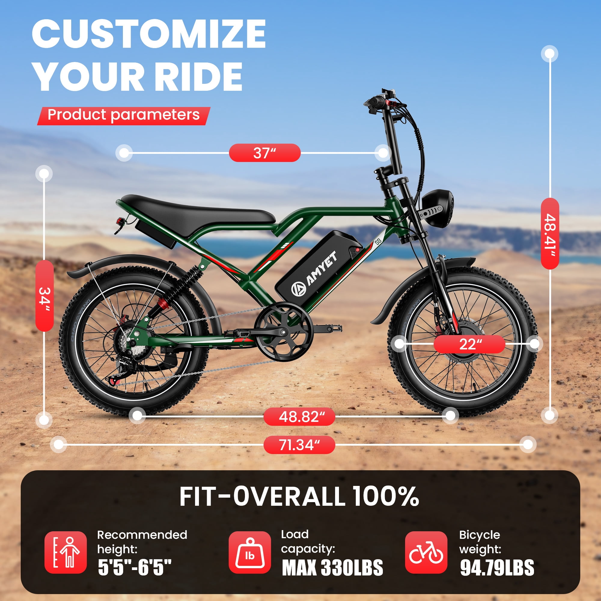 AMYET S8 3000W Peak Dual Motor AWD Electric Bike for Adult, 20" Fat Tire Ebike 48V 25AH 34MPH E-Mountain Bicycle UL2849