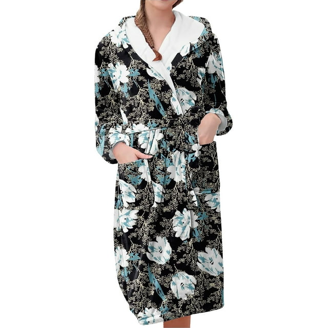 Women's Fleece Plush Robe Long Warm Plush Bathrobe Loungewear Jacket Printed Comfort Robe