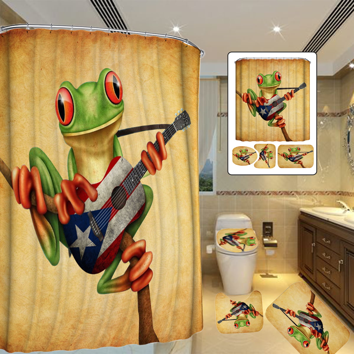 The Flame Guitar Theme Waterproof Fabric Home Decor Shower Curtain Bathroom Mat 