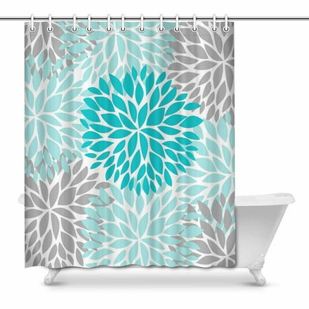 Blue And Grey Shower Curtain MKHERT Dahlia Pinnata Flower Turquoise Blue and Gray House Decor Shower Curtain for Bathroom Floral Decorative Bathroom Shower Curtain Set 66x72 inch ()